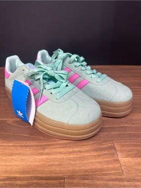 Adidas Gazelle Mint Green and Pink Suede Platform Sneakers